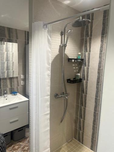 une salle de bain avec douche et lavabo dans l'établissement Maison au calme, parking privée, à Saint-Rémy