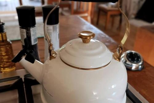 a white tea kettle sitting on top of a stove at Entire cottage in Stormsriver in Stormsrivier