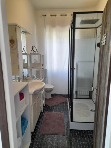 uma casa de banho com um chuveiro, um lavatório e um WC. em Apartman Envi em Opatija