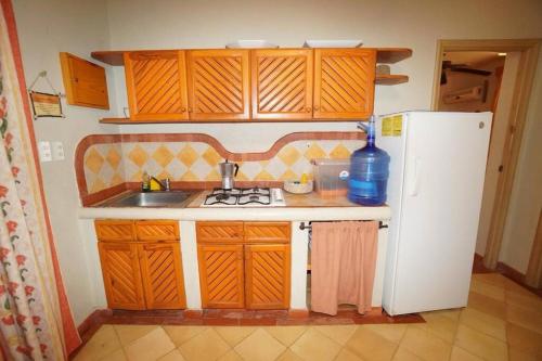 a kitchen with a sink and a white refrigerator at Villa Playa Bonita, Pool, Tropical Gardens in Las Terrenas