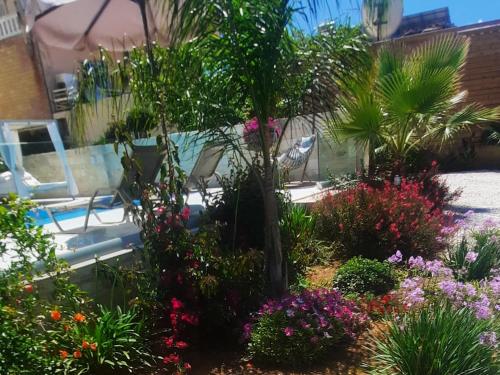 een tuin van bloemen en planten voor een gebouw bij Amare suite in Perivólia