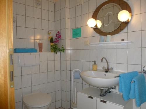 bagno con lavandino, servizi igienici e specchio di Pension am Peeneufer UG a Wolgast