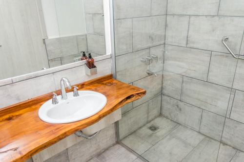 a bathroom with a sink and a shower at La Reina Hotel in Santa Rosa de Calamuchita