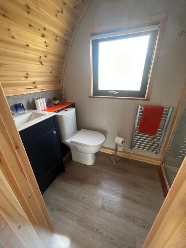 a small bathroom with a toilet and a sink at Kelly's Pod in Garynahine