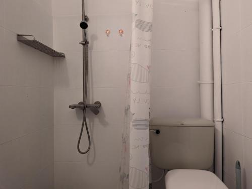 y baño con ducha, aseo y cortina de ducha. en Residence Keoli, en Grand Baie