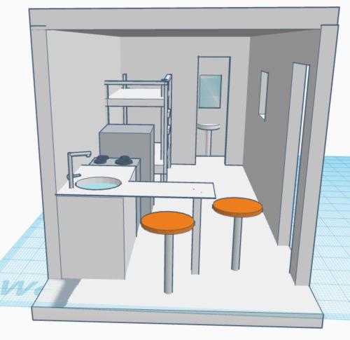 a diagram of a kitchen with two tables and two stools at Sky House by the Bentota Beach in Bentota