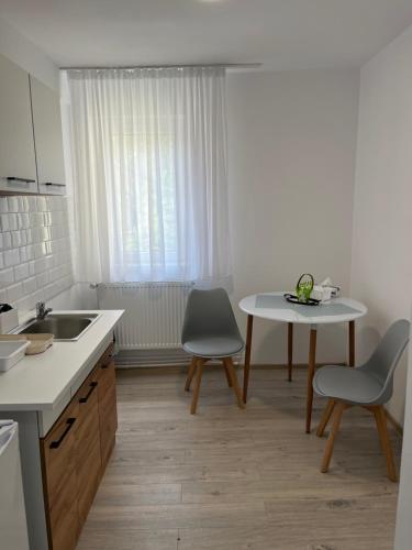uma cozinha com um lavatório, uma mesa e cadeiras em Casa Bocan em Geoagiu Băi