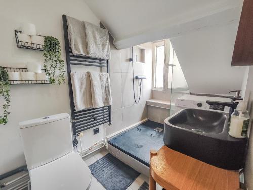 une petite salle de bain avec un lavabo et des toilettes dans l'établissement Le Havre Sanvic - appartement chaleureux, au Havre