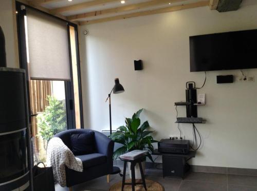 Les Co Gîte في Vigny: غرفة معيشة مع كرسي وتلفزيون بشاشة مسطحة