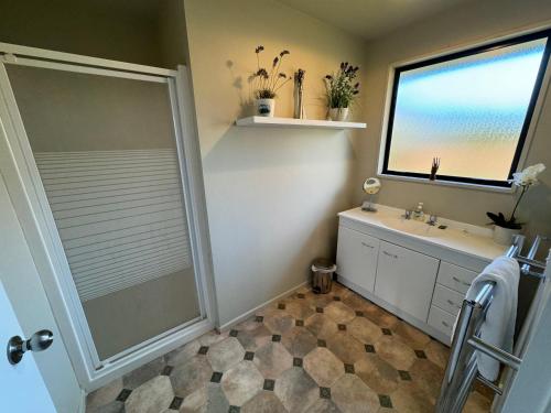 een badkamer met douche en wastafel bij 11 Dorset Street in Hanmer Springs