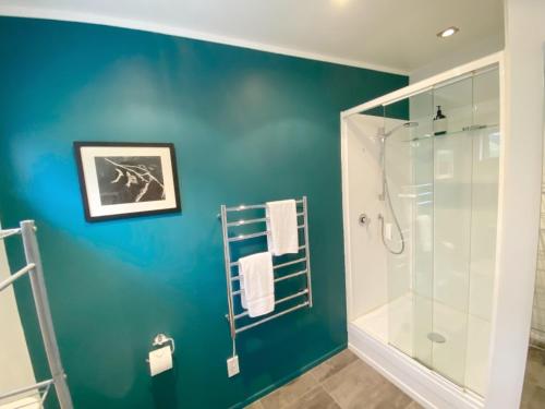 a bathroom with a shower and a blue wall at Delamore Cove - Kowhai - Waiheke Escapes in Matiatia Bay