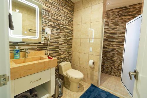 een badkamer met een wastafel en een toilet bij Hermoso Apartamento para 2 personas, a 10 min en vehículo del Zócalo de Oaxaca in Oaxaca City