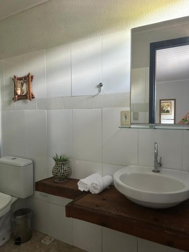a bathroom with a sink and a toilet and a mirror at Pousada Chalé da Mata - Circuito Caravaggio, Santa Teresa in Santa Teresa