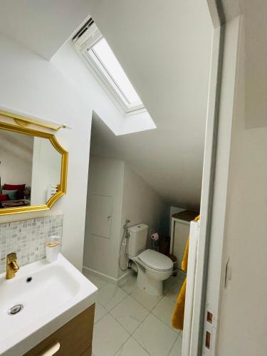 une salle de bain avec des toilettes blanches et un lavabo dans l'établissement Appartement charmant et lumineux, à Villejuif