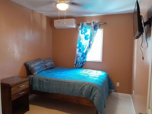 sypialnia z łóżkiem z niebieską kołdrą i oknem w obiekcie Exuma Bay Rentals Unit #1 w mieście Moss Town