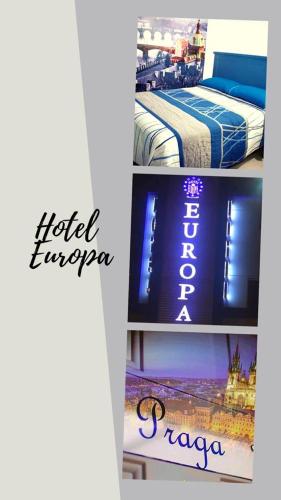 a collage of two pictures of a bed and a book at Hotel Europa in San Luis Potosí