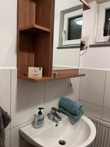 w łazience znajduje się umywalka z lustrem i ręcznik. w obiekcie Schönes Apartment mit Terrasse w mieście Waldstetten
