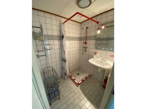 an empty bathroom with a sink and a mirror at Noordzee omheind met hond in Dirkshorn