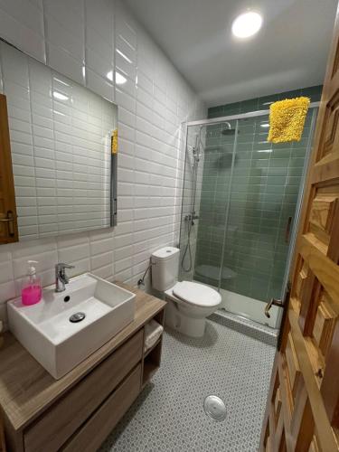 W łazience znajduje się umywalka, toaleta i prysznic. w obiekcie Apartamento Almanzor w mieście Hoyos del Espino