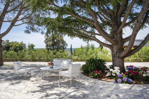 a patio with a table and chairs under a tree at Trulli del Minareto in Selva di Fasano