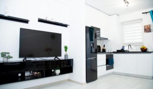a kitchen with a large flat screen tv on a wall at Milan Luxury Apartaments II-Maurer Residence in Târgu-Mureş