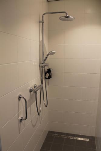 een douche in een badkamer met een douchegordijn bij B&B Kunstkamer Franeker in Franeker