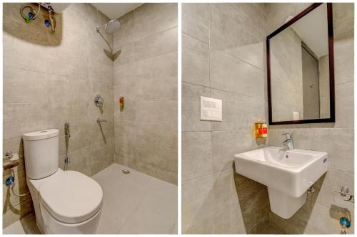 twee foto's van een badkamer met toilet en wastafel bij Townhouse 219 in Gurgaon