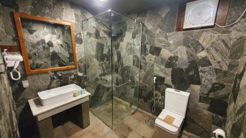 a bathroom with a shower and a toilet and a sink at Ceylon Resort in Wilpattu