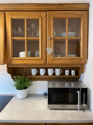 un forno a microonde in una cucina con alcune stoviglie di Haus Hochland - Großzügige Alpenwohnung im Dachgeschoss a Bad Kohlgrub