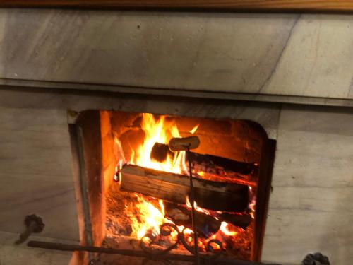 a brick oven with a fire in it at Chaloupka u Jiřího in Nová Pec
