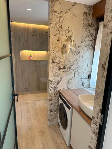 a bathroom with a sink and a washing machine at Žigon Bed & Breakfast in Logatec