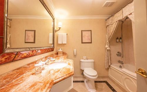 W łazience znajduje się umywalka, toaleta i lustro. w obiekcie Delamar Greenwich Harbor w mieście Greenwich