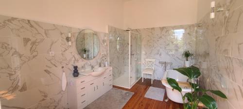 ein Bad mit 2 Waschbecken, einer Dusche und einem Spiegel in der Unterkunft Le Manoir du Moulin de Madame in Villeneuve-sur-Lot