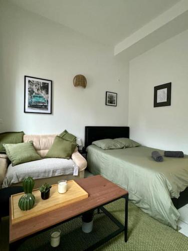 un salon avec deux lits et un canapé dans l'établissement Le cactus, proche de la gare, à Toulouse