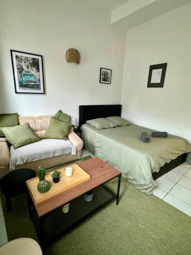 un salon avec un canapé, un lit et une table dans l'établissement Le cactus, proche de la gare, à Toulouse