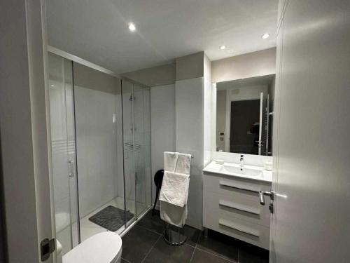 a bathroom with a shower and a sink and a toilet at Mati's Suite - San Torcuato 4 in Zamora