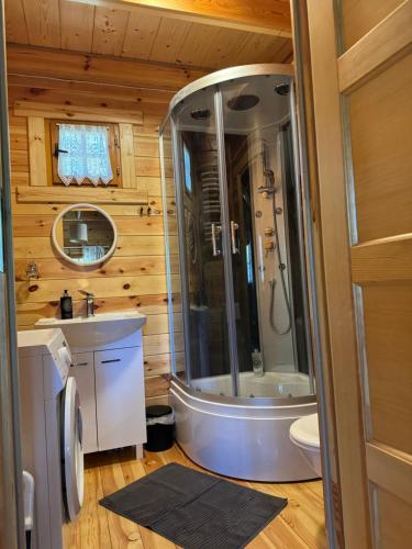 ein Bad mit einer Dusche, einem WC und einem Waschbecken in der Unterkunft Domek Borsk in Borsk