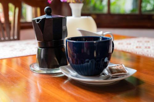 a blue coffee cup and a plate on a table at La Asomada del Gato in La Laguna