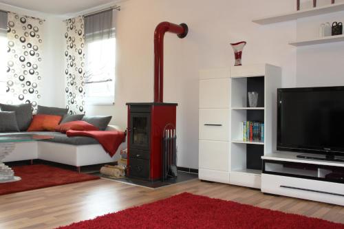sala de estar con chimenea y TV en Ferienhaus Waldfee en Reutin