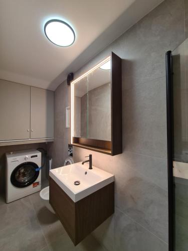 een badkamer met een wastafel en een wasmachine bij DT Serene Villa - Lillestrøm in Lillestrøm