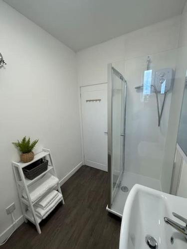 a bathroom with a sink and a mirror at Skegness Town Centre Apartment 1 in Lincolnshire