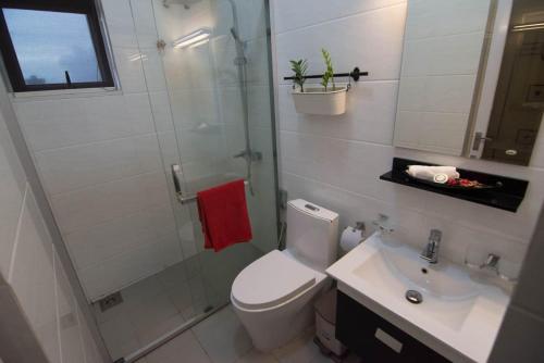 拉维尼亚山Sea View Condo by Ceylon Spaces的配有马桶、水槽和淋浴的浴室