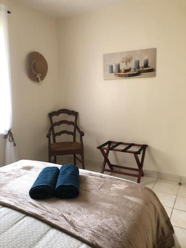 a bedroom with a bed with two blue pillows on it at Gîte “Les reflets de la Charente” in Condac