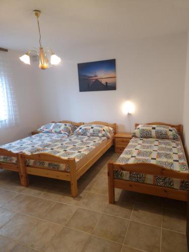 two twin beds in a room with aermottermott at Apartments Pavle in Barušić