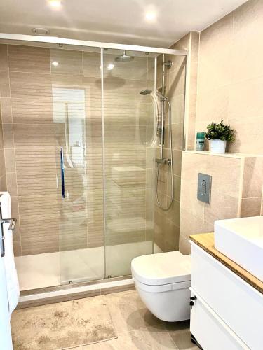 une salle de bain avec une douche, des toilettes et un lavabo dans l'établissement Studio soleil plage, à Deauville