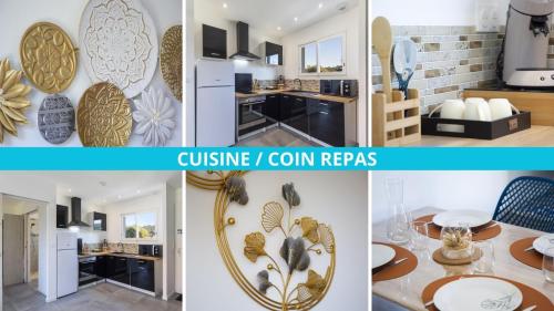 eine Collage mit Bildern einer Küche und einem Esszimmer in der Unterkunft Maison Maxence - Cosy avec jardin dans les Pyrénées in Soumoulou