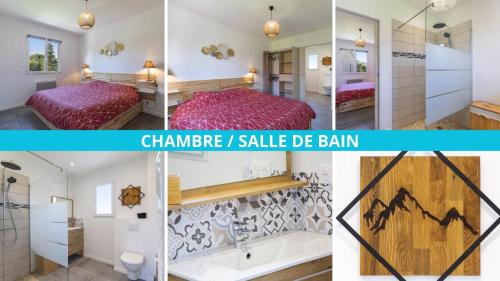eine Collage mit Fotos eines Schlafzimmers mit 2 Betten und einem Badezimmer in der Unterkunft Maison Maxence - Cosy avec jardin dans les Pyrénées in Soumoulou
