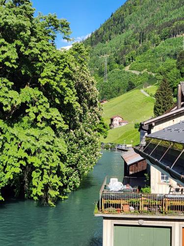 a view of a river with a building and trees at Spacious cellar studio surrounded by mountains and lake in Schwanden