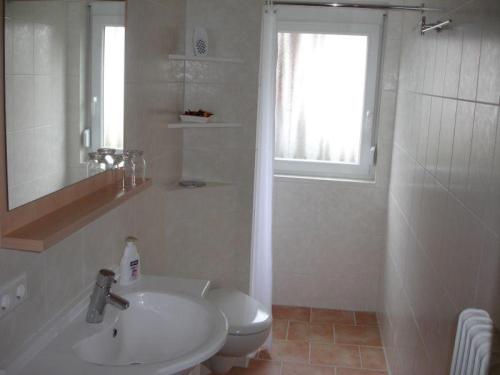 Un baño con lavabo, inodoro y ventana. en Waldesruh, en Sölden