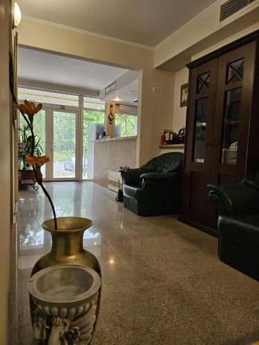 a living room with a vase with a flower in it at ElStefanino House in Eforie Nord